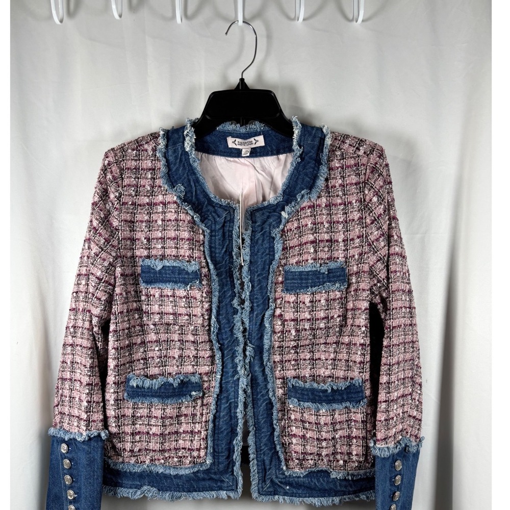 Nanette Lepore Womens Tweed Denim Mix Frayed Blazer Jacket Pink Blue Size M NEW
